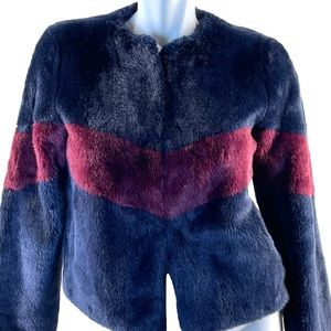 Lemon Tart Faux Fur Color Block Navy Blue & Maroon Jacket with Pockets in XS
